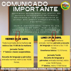 Comunicado por duelo en colegio lican ray